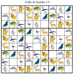 Grille de sudoku pour la maternelle. cette grille de sudoku est à compléter en collant les visuels de fruits et légumes. Grille de sudoku 13 à compléter en collant les vignettes d'animaux
