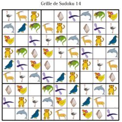 Grille de sudoku pour la maternelle. cette grille de sudoku est à compléter en collant les visuels de fruits et légumes. Grille de sudoku 14 à compléter en collant les vignettes d'animaux