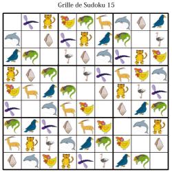 Grille de sudoku pour la maternelle. cette grille de sudoku est à compléter en collant les visuels de fruits et légumes. Grille de sudoku 15 à compléter en collant les vignettes d'animaux