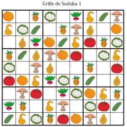 Grille de sudoku pour la maternelle. cette grille de sudoku est à compléter en collant les visuels de fruits et légumes. Grille de sudoku à compléter en collant les visuels de fruits et lég