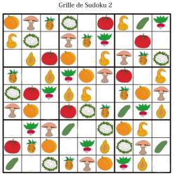 Grille de sudoku pour la maternelle. cette grille de sudoku est à compléter en collant les visuels de fruits et légumes. Grille de sudoku à compléter en collant les visuels de fruits et lég