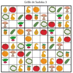 Grille de sudoku pour la maternelle. cette grille de sudoku est à compléter en collant les visuels de fruits et légumes. Grille de sudoku à compléter en collant les visuels de fruits et lég