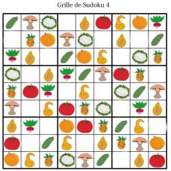 Grille de sudoku pour la maternelle. cette grille de sudoku est à compléter en collant les visuels de fruits et légumes. Grille de sudoku à compléter en collant les visuels de fruits et lég