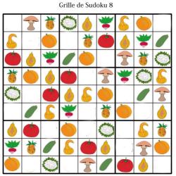 Grille de sudoku pour la maternelle. cette grille de sudoku est à compléter en collant les visuels de fruits et légumes. Grille de sudoku à compléter en collant les visuels de fruits et lég