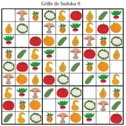 Grille de sudoku pour la maternelle. cette grille de sudoku est à compléter en collant les visuels de fruits et légumes. Grille de sudoku à compléter en collant les visuels de fruits et lég