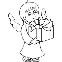 Dessin à colorier d'un ange de Noël apportant un cadeau de Noël sous le sapin.