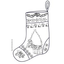 coloriage Noel enfant : Imprime ce coloriage d'une grosse botte de Noel à remplir de jouets et décorée de motifs de Noel.