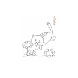 Imprime le coloriage d'un petit chat tigré qui joue dans les fleurs avec son sopain l'escargot.
