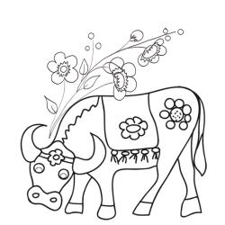 Coloriage sur la chine : boeuf et fleurs de cerisier