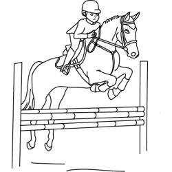 Imprimer le coloriage d'un cheval franchissant un obstacle lors d'une épreuve d'équitation.