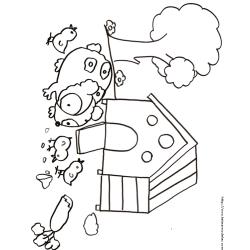 Coloriage du cochon d'inde et les poussins devant la maison à cochons d'inde. Dessin d'un cochon d'inde à imprimer pour le coloriage des enfants.
