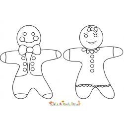 Coloriage bonhomme en pain d'épices : une fille et un garçon. Coloriage de brioches de Noël en forme de bonhomme à imprimer.
