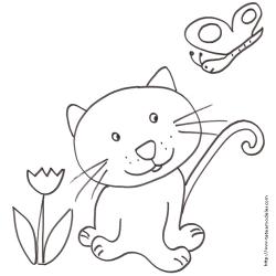 Imprime de coloriage d'un chat, sur ce dessin à colorier, le chat à grosse tà™te joue avec un beau papillon.
