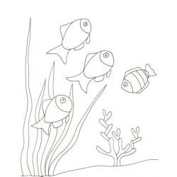 Imprimer le coloriage des petits poissons au fond de la mer, grandes herbes et corail