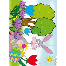 Puzzle du gros lapin de Paques dans les crocus