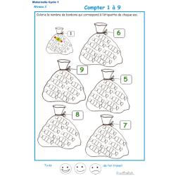 Imprimer la fiche pour colorier le bon nombre de bonbons Exercice 3 maternelle niveau 3