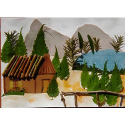 Tableau souvenirs de vacances r&eacute;alis&eacute; avec des objets ramass&eacute;s pendant les vacances