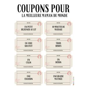 Des bons à imprimer pour offrir à maman pour la fête des mères ou pour un anniversaire. Vous pourrez lui offrir un bisous ou encore un câlin. Il ne vous reste plus qu'à imprimer cette illustration afi