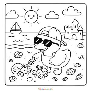 Retrouvez un mignon ?coloriage Coco Wyo à imprimer ?️gratuitement avec un petit canard qui joue sur la plage.