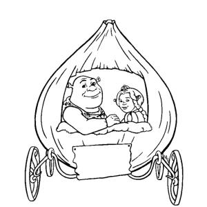 Coloriage de Shrek et Fiona dans leur carrosse
