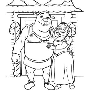 Coloriage de Shrek et Fiona devant leur maison