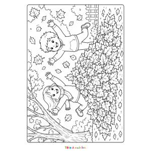 Coloriage d'enfants qui jouent dans les feuilles à imprimer