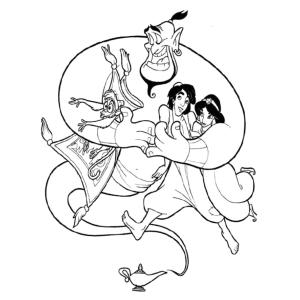 Coloriage du génie avec Jasmine, Aladdin et le tapis volant