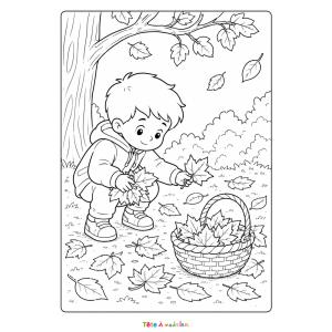 Coloriage d'un enfant qui ramasse des feuilles à imprimer