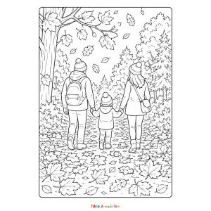 Coloriage d'une promenade d'automne en famille à imprimer