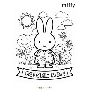 Coloriage de Miffy au milieu des fleurs à imprimer