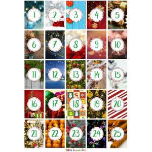 Créez un joli calendrier de l'avent personnalisé en imprimant ces étiquettes sur du papier épais. Il ne vous restera plus qu'à préparer des paquets avec des bonbons, des devinettes et des jeux afin de
