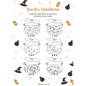 Six chadrons de sorcières contiennent chacun un certain nombre d'objets qu'il faut compter avant d'entourer le chiffre qui correspond. Une activité à imprimer pour apprendre à compter de 1 à 10.