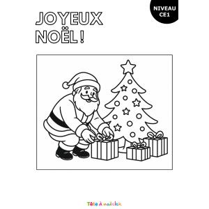 Coloriage de Noël pour les CE1 : le Père Noël devant le sapin