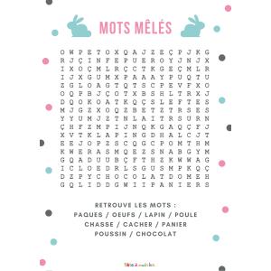 Un Jeu de mots mêlés de niveau difficile où il faut retrouver les mots de Pâques cachés dans cette grille.