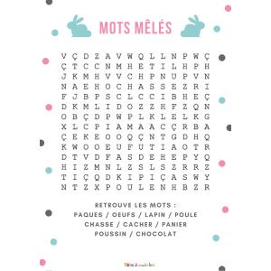 Un Jeu de mots mêlés de niveau intermédiaire où il faut retrouver les mots de Pâques cachés dans cette grille.