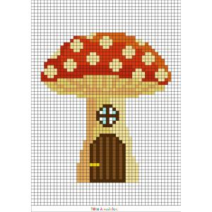Fabriquez ce beau Pixel Art de champignon, maison de fée en prenant un quadrillage afin de reproduire les carrés colorés. Vous pourrez alors avoir une superbe maison de fées.