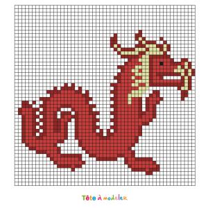 Fabriquez ce beau Pixel Art de dragon du Nouvel An Chinois en prenant un quadrillage afin de reproduire les carrés colorés. Vous pourrez alors avoir un superbe dragon.