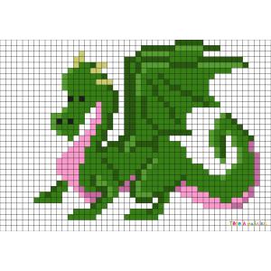 Réaliser ce beau Pixel Art d'un dragon effrayant en prenant un quadrillage afin de reproduire les carrés colorés. Vous pourrez alors reproduire ce dragon pour le plus grand bonheur des petits et des g