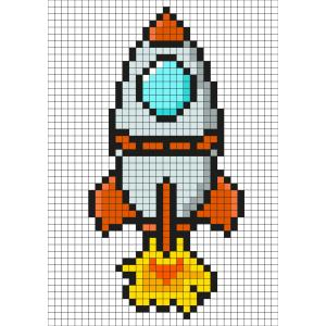 Réaliser ce beau Pixel Art de l'espace en prenant un quadrillage afin de reproduire les carrés colorés. Vous pourrez alors avoir une magnifique fusée qui vous permettra de voyager dans toute la galaxi