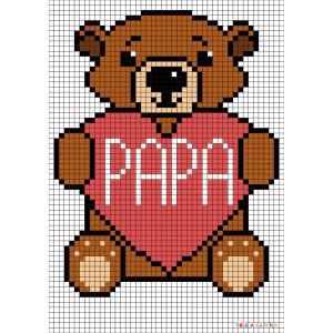 Ce modèle de Pixel Art représente un ourson qui tient un coeur écrit Papa. Ce modèle est à imprimer gratuitement. Il vous suffira ensuite de prendre du papier quadrillé et de suivre notre modèle carré