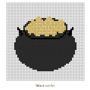 Fabriquez ce beau Pixel Art de chaudron rempli d'or. Un trésor de Leprechaun de Saint Patrick. Prenez un quadrillage afin de reproduire les carrés colorés. Vous pourrez alors avoir un superbe trésor, 