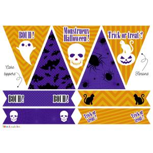 Printables gouter d'Halloween à imprimer pour organiser votre gouter d'Halloween monstrueux ! Des fanions a accrocher sur une ficelle et des cake toppers à plier en deux et à mettre sur des cure dents