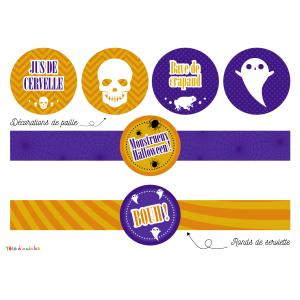 Printable gouter d'Halloween à imprimer gratuitement pour un monstrueux gouter d'halloween. Des ronds de serviette et des décorations de paille pour un gouter inoubliable lors de la journée d'hallowee