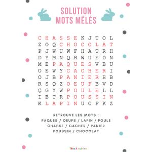 Solution du jeu de mots mêlés de niveau facile où il faut retrouver les mots de Pâques cachés dans cette grille.