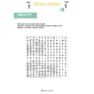 Solution du jeu de mots mêlés à imprimer sur le thème du carnaval