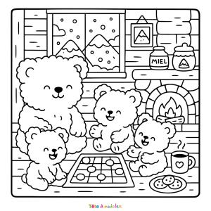 Retrouvez un mignon ?coloriage Coco Wyo à imprimer ?️gratuitement avec des oursons qui font des jeux de société en famille.