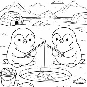 Coloriage deux pingouins qui pêchent sur la banquise à imprimer gratuitement