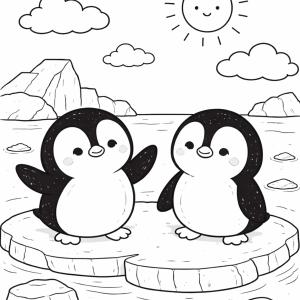 Coloriage simple de pingouins qui glissent sur la banquise à imprimer gratuitement