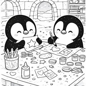 Coloriage de pingouins créatifs dans un igloo à imprimer gratuitement