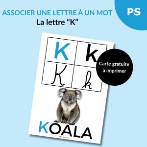 Une carte alphabet pour associer la lettre K à un mot : K comme Koala